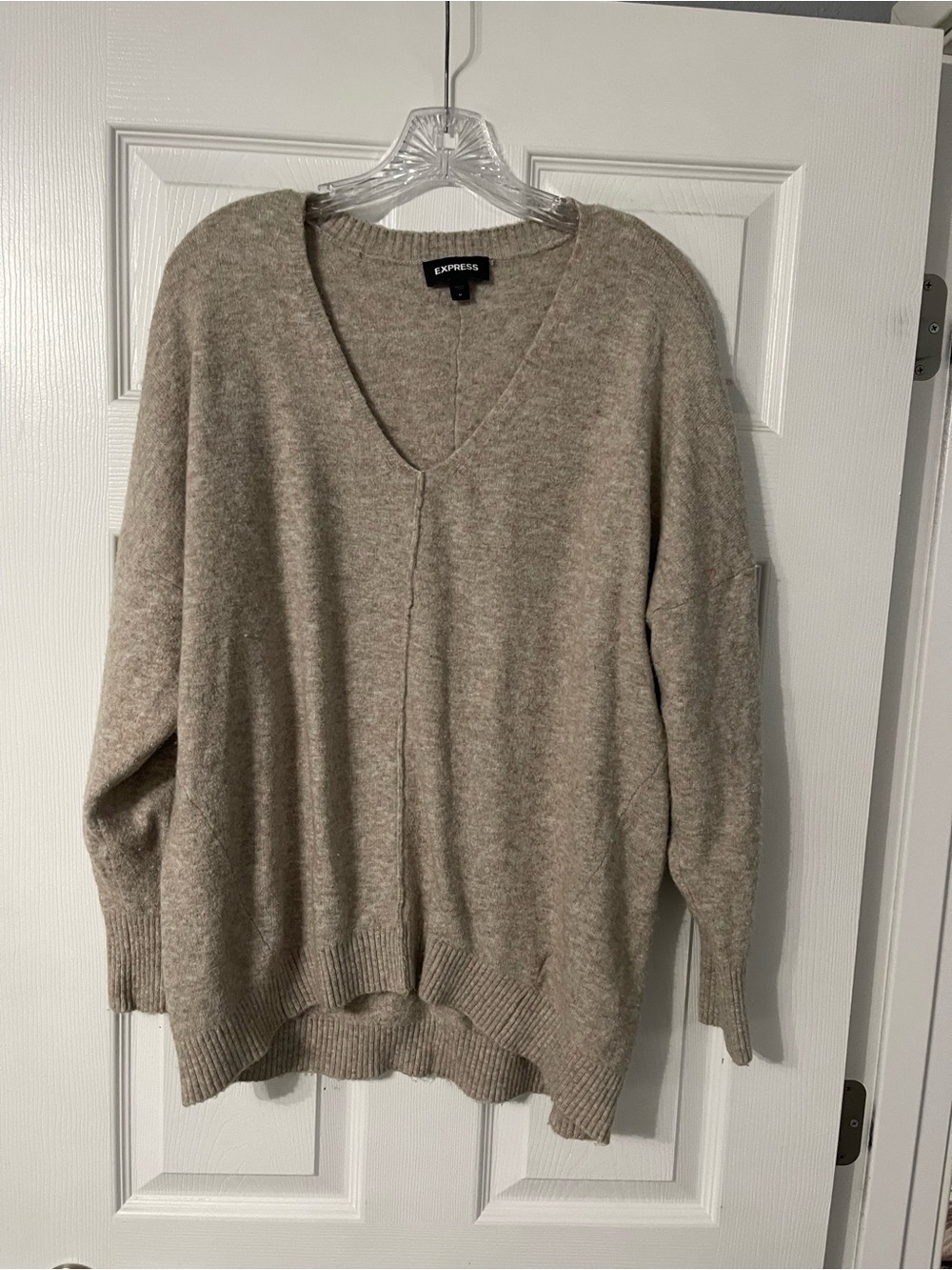 Express Beige V-Neck Oversized Knit Sweater